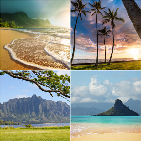 Hawaiian beautiful landscapes. Tropical vacations concept collageの写真素材