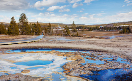 Inspiring natural background. Pools and  geysers  fields  in Yellowstone National Park, USA.の写真素材