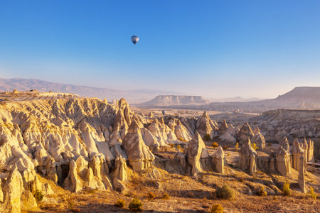 Colorful hot air balloons  in Goreme national park, Cappadocia, Turkey. Famous touristic attraction.の写真素材