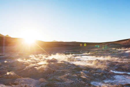 Geysers Sol de Manana in Bolivia. Unusual natural landscapes