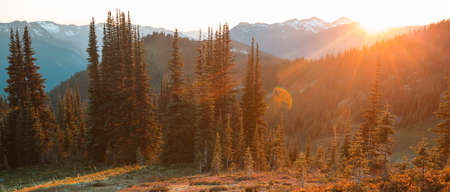 Scenic Sunset in the mountains. Beautiful natural background.の写真素材
