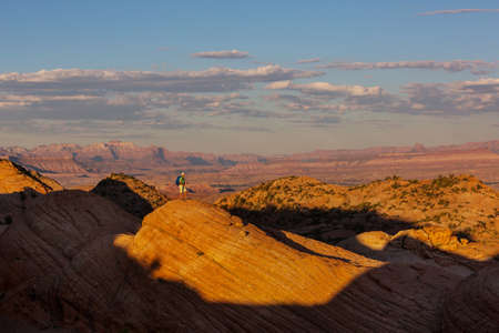 Hike in the Utah mountains. Hiking in unusual natural landscapes. Fantastic forms sandstone...