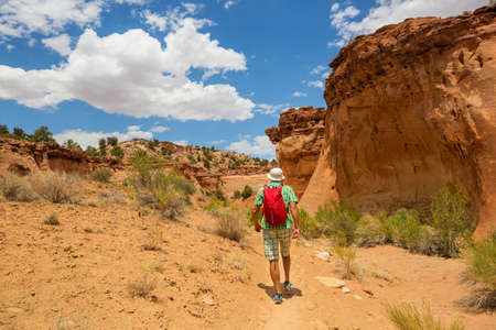 Hike in the Utah mountains. Hiking in unusual natural landscapes. Fantastic forms sandstone formations.の写真素材