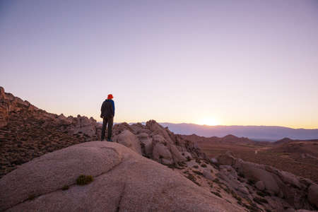 Beautiful landscape in the mountains at majestic sunrise. Crimea mountains. Autumn season. Decorated with sun spots.の写真素材