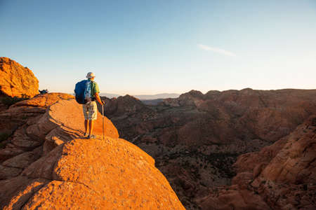 Hike in the Utah mountains. Hiking in unusual natural landscapes. Fantastic forms sandstone...