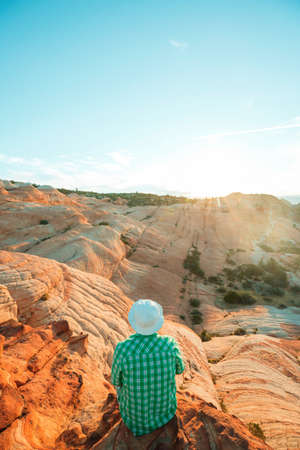 Hike in the Utah mountains. Hiking in unusual natural landscapes. Fantastic forms sandstone...