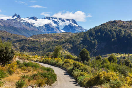 Beautiful mountains landscape along gravel road Carretera Austral in southern Patagonia, Chileの写真素材