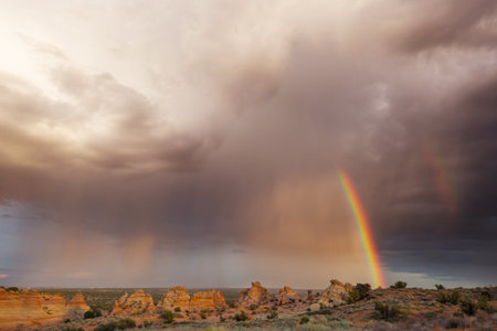 Rainbow above mountains. Beautiful natural landscapes. Picturesque nature.の写真素材