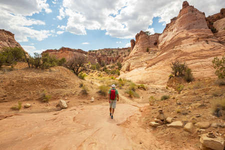 Hike in the Utah mountains. Hiking in unusual natural landscapes. Fantastic forms sandstone formations.の写真素材