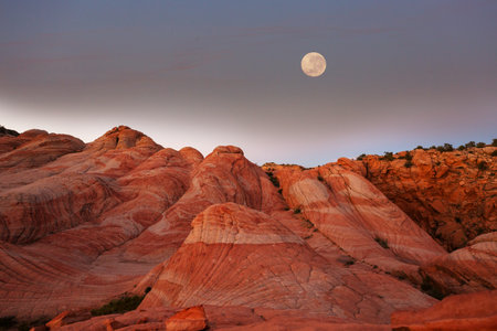 The landscapes of Utah's rocky desert under a full moonの写真素材