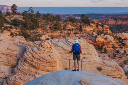 Hike in the Utah mountains. Hiking in unusual natural landscapes. Fantastic forms sandstone...
