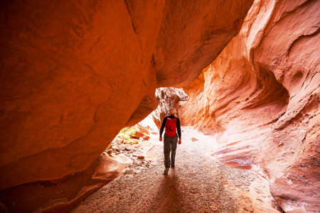 Slot canyon in Grand Staircase Escalante National park, Utah, USA. Unusual colorful sandstone formations in deserts of Utah are popular destination for hikers.の写真素材