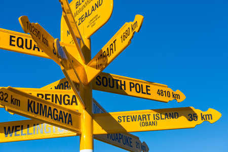 Signpost in the Stirling Point, Bluff, New Zealand. Most southern mainland point of New Zealandの写真素材