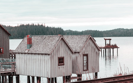 Wooden huts on Canadian coastの写真素材