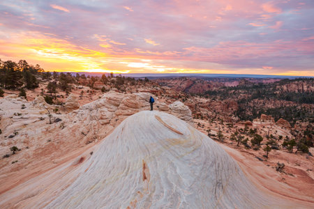 Hike in the Utah mountains. Hiking in unusual natural landscapes. Fantastic forms sandstone formations.の写真素材