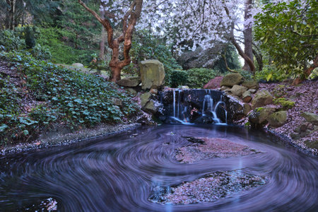 Small waterfall and pond in spring park. Twilight time.