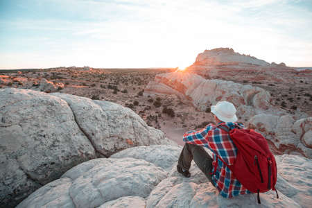 Hike in the Utah mountains. Hiking in unusual natural landscapes. Fantastic forms sandstone formations.の写真素材
