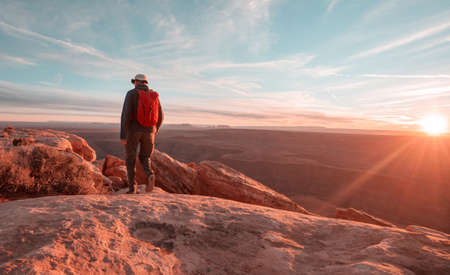Hike in the Utah mountains. Hiking in unusual natural landscapes. Fantastic forms sandstone formations.の写真素材