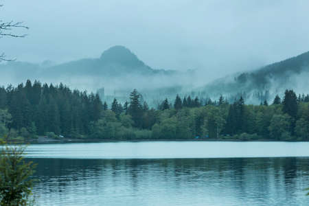 Misty mountain lake in the early serene morning in mountains.の写真素材