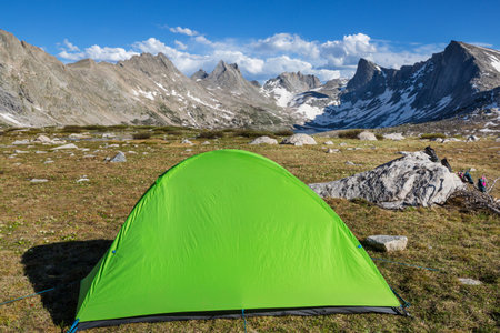 Hiking tent in the mountains in summer seasonの写真素材