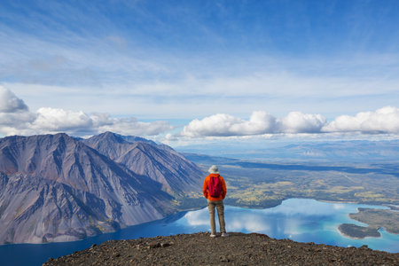 Hiking man in Canadian mountains. Hike is the popular recreation activity in North America. There are a lot of picturesque trails.の写真素材