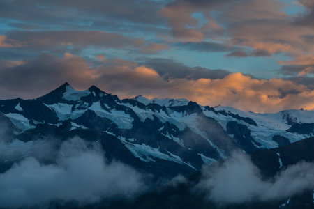 Scenic Sunset in the mountains. Beautiful natural background.の写真素材