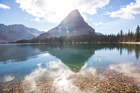 Picturesque rocky peaks of the Glacier National Park, Montana, USA. Beautiful natural landscapes.