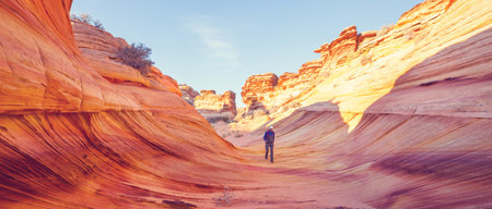 Hike in the Utah mountains. Hiking in unusual natural landscapes. Fantastic forms sandstone...