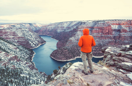 Beautiful landscapes in  Flaming Gorge recreation area in winter season, USAの写真素材