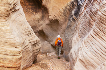Slot canyon in Grand Staircase Escalante National park, Utah, USA. Unusual colorful sandstone formations in deserts of Utah are popular destination for hikers.の写真素材
