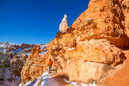 Hike in the Bryce Canyon National park in  winter season, Utah, USAの写真素材