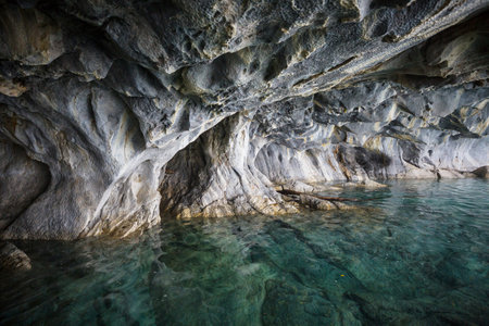 Unusual marble caves on the lake of General Carrera, Patagonia, Chile. Carretera Austral trip.の写真素材