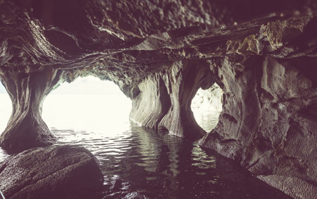 Unusual marble caves on the lake of General Carrera, Patagonia, Chile. Carretera Austral trip.の写真素材