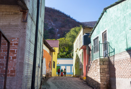 Amazing colorful buildings in pueblo magico Batopilas in Barrancas del Cobre mountains, Mexicoの写真素材