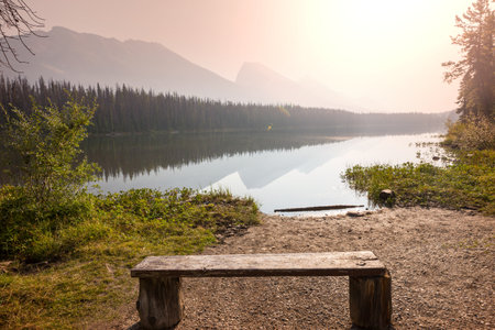 Sunrise scene on beautiful serene lake. Beautiful natural backgroundの写真素材