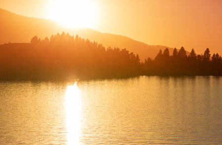 Sunset scene on the lake at sunset summer nature landscapesの写真素材
