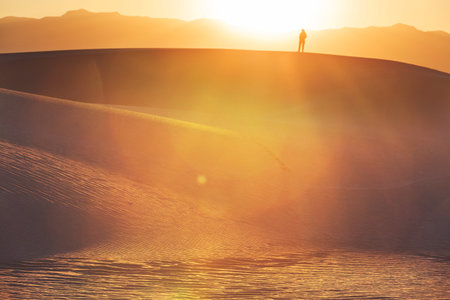 Hiker in White Sands Dunes in New Mexico, USAの写真素材