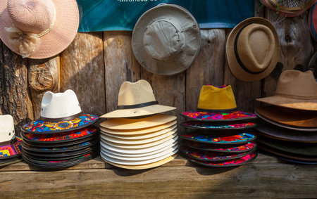 Many hats on the street market in Guatemalaの写真素材