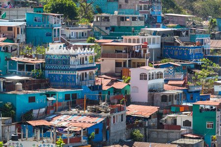 Street of colorfully painted houses in Guatemala, Central Americaの写真素材