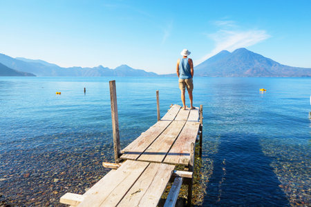 Tourist relaxing on the beautiful lake Atitlan in the  Guatemala, Central Americaの写真素材
