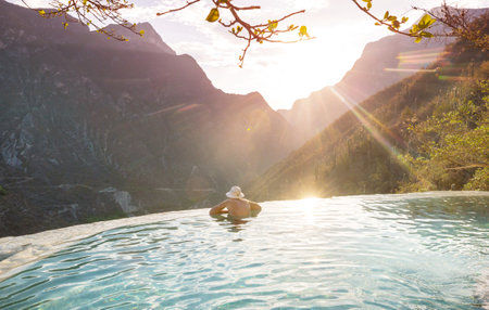 Tourist relaxing in natural thermal pools Las Grutas De Tolantongo in Mexicoの写真素材