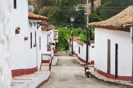 street view of traditional colonial town in Colombia, South Americaの写真素材