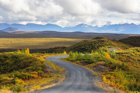 Endless Dempster Highway near the arctic circle, remote gravel road leading from Dawson City to Inuvik, Canadaの写真素材