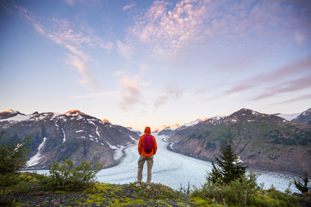 Hiking man in Canadian mountains. Hike is the popular recreation activity in North America. There...