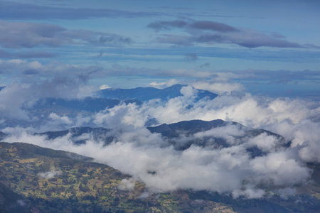 Misty green Cordillera mountains in Colombia, South Americaの写真素材