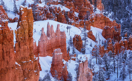 Picturesque colorful pink rocks of the Bryce Canyon National park in the winter season, Utah, USAの写真素材