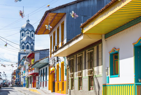 Traditional colonial architecture in Colombia, South America. Colorful street scene in touristic village.の写真素材