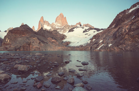Famous Cerro Fitz Roy  and Cerro Torre- one of the most beautiful and hard to accent rocky peaks in Patagonia, Argentinaの写真素材