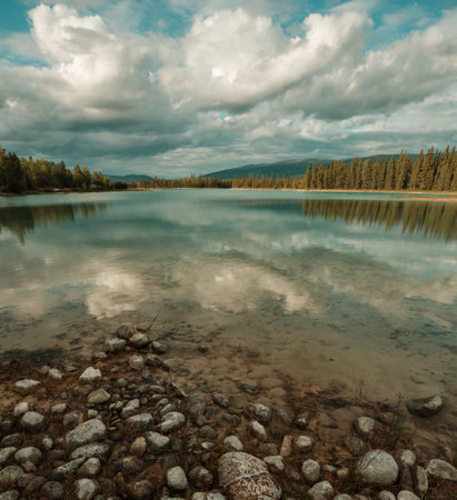 Serene scene by the mountain lake in Canada