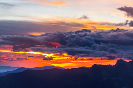 Scenic Sunset in the mountains. Beautiful natural background.の写真素材